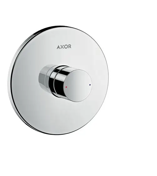 Ein runder, glänzender Wasserhahn von AXOR mit einem bedienbaren Drehgriff in der Mitte und farbigen Markierungen für heißes und kaltes Wasser.